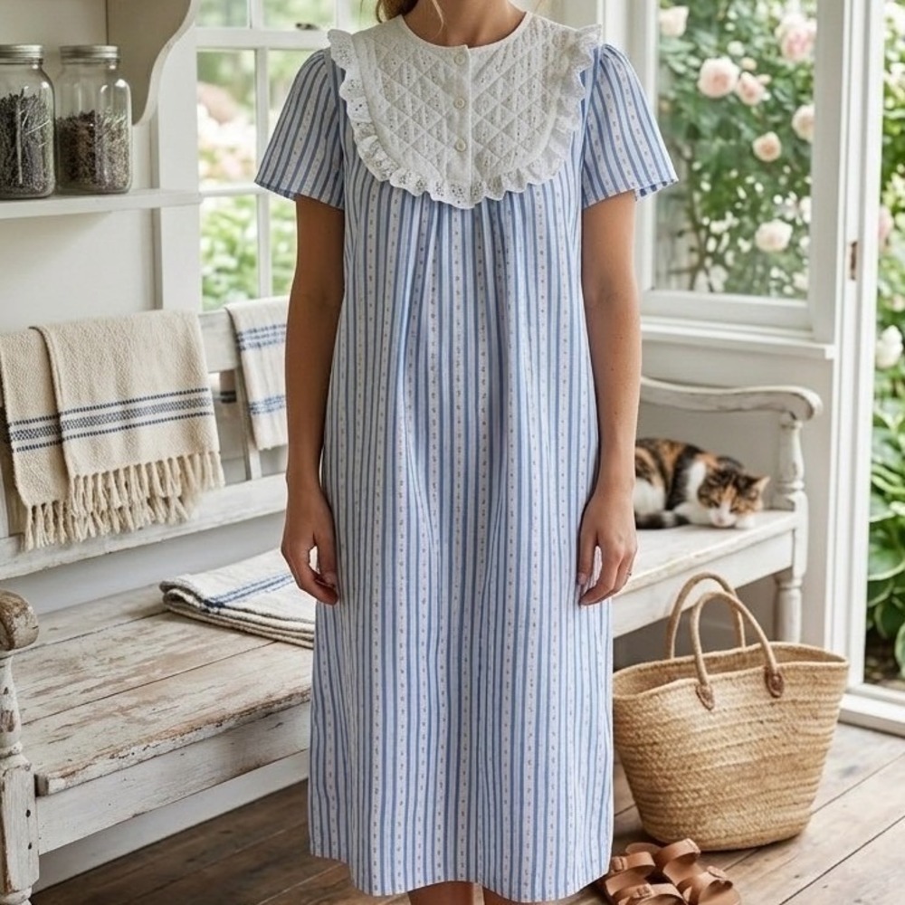 Vintage Blue Striped Floral Nightgown Quilted‎ Eyelet Lace Bib Collar Dress 0230